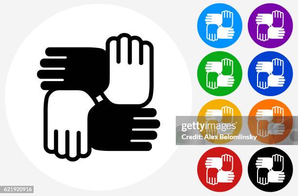 hands united icon on flat color circle buttons - cultural diversity stock illustrations