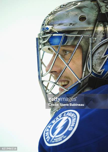 Goaltender Kristers Gudlevskis of the Tampa Bay Lightning plays in the game against the Ottawa Senators at Amalie Arena on December 10, 2015 in...