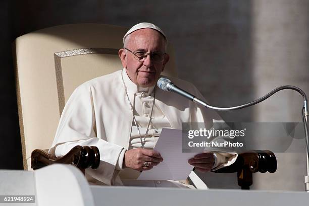 Pope Francis deliveres his speek during the special audience at Vatican, on November 9, 2016.