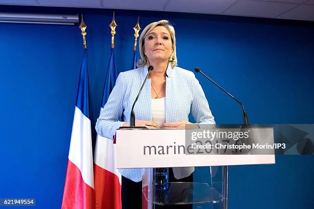 French far right National Front political party leader Marine Le Pen, member of the European Parliament and candidate for the 2017 presidential...