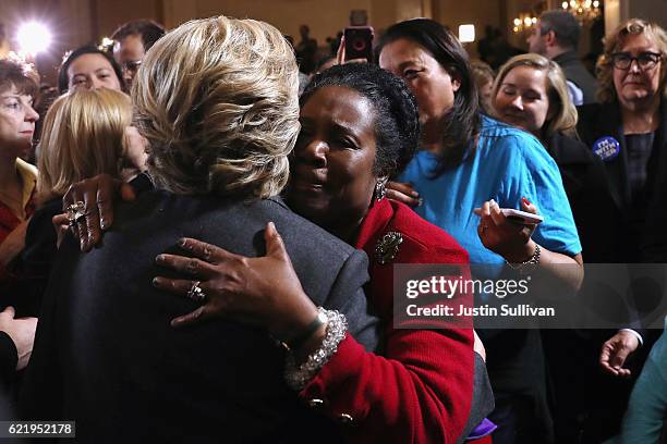 Former Secretary of State Hillary Clinton hugs supporters after conceding the presidential election at the New Yorker Hotel on November 9, 2016 in...