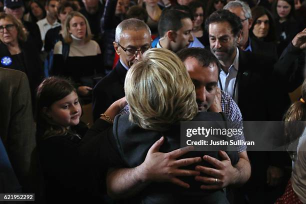 Former Secretary of State Hillary Clinton hugs supporters after conceding the presidential election at the New Yorker Hotel on November 9, 2016 in...