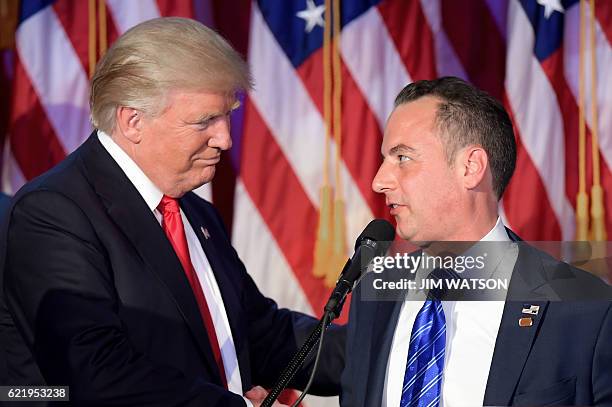 Chairman of the Republican National Committee Reince Priebus shakes hands with Republican presidential elect Donald Trump during election night at...