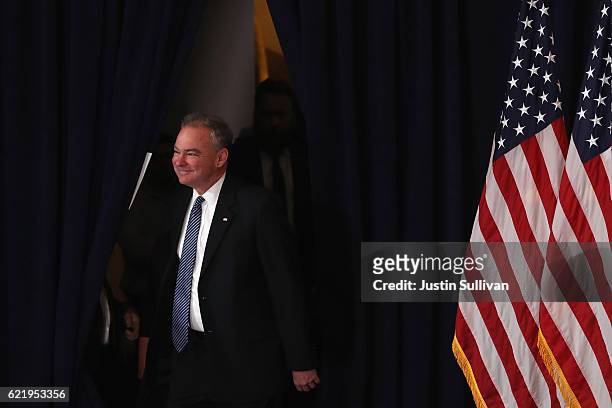 Tim Kaine, running mate of former Secretary of State Hillary Clinton, takes the stage to introduce her before she was to concede the presidential...