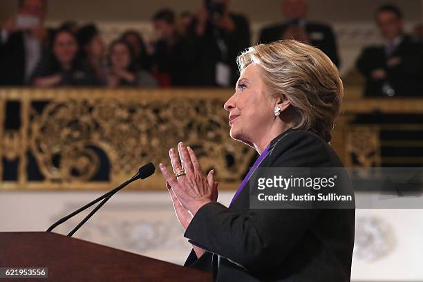 Former Secretary of State Hillary Clinton concedes the presidential election at the New Yorker Hotel on November 9, 2016 in New York City. Republican...