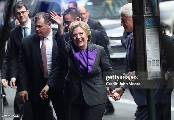 Hillary and Bill Clinton arrive to the New Yorker Hotel where she was to address supporters on November 9, 2016 in New York City. The former...