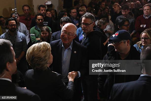 Former Secretary of State Hillary Clinton greets staffers and supporters after conceding the presidential election at the New Yorker Hotel on...