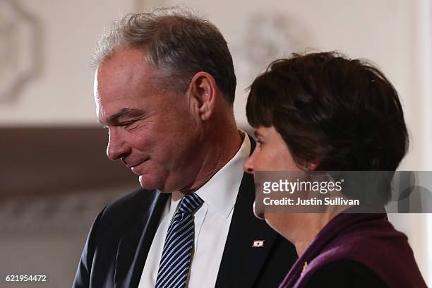 Sen. Tim Kaine and his wife Anne Holton introduce Kaine's running mate former Secretary of State Hillary Clinton before she was to concede the...