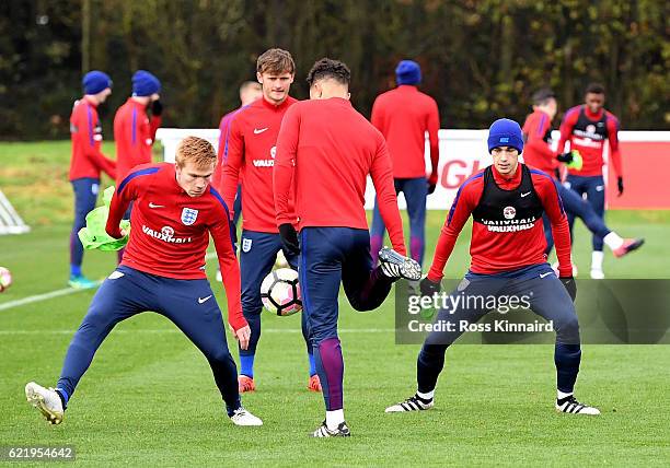 The England U21 squad during a England U21 training session at St Georges Park on November 9, 2016 in Burton-upon-Trent, England.