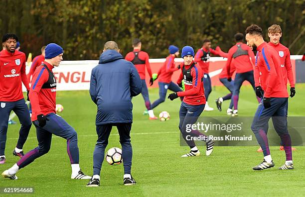 The England U21 squad during a England U21 training session at St Georges Park on November 9, 2016 in Burton-upon-Trent, England.