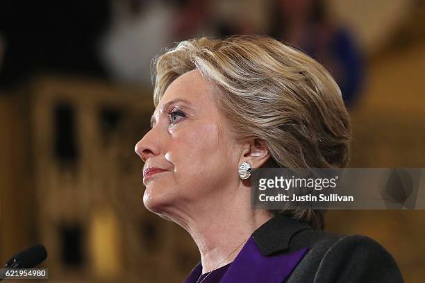 Former Secretary of State Hillary Clinton concedes the presidential election at the New Yorker Hotel on November 9, 2016 in New York City. Republican...
