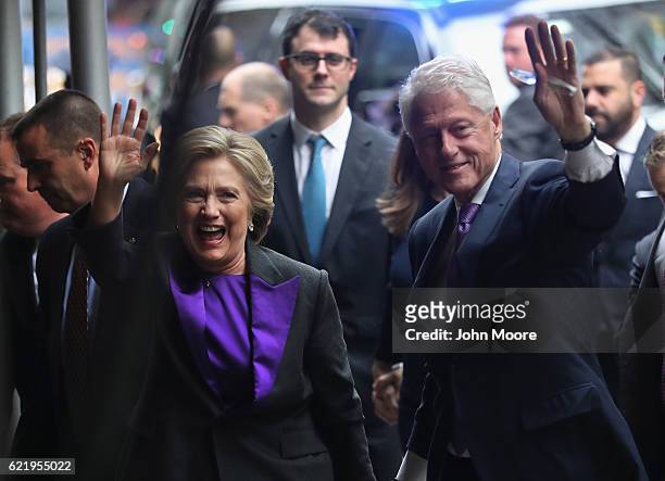 Hillary and Bill Clinton arrive to the New Yorker Hotel where she was to address supporters on November 9, 2016 in New York City. The former...
