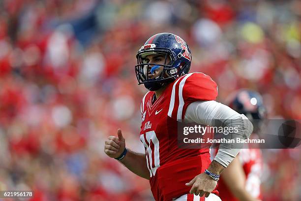 Chad Kelly of the Mississippi Rebels reacts during a game against the Georgia Southern Eagles at Vaught-Hemingway Stadium on November 5, 2016 in...