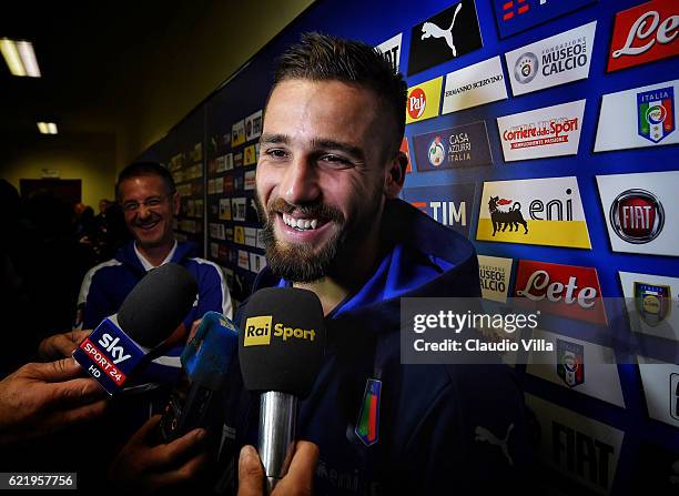 Leonardo Pavoletti of Italy speaks to the media during a press conference at the club's training ground at Coverciano on November 9, 2016 in...