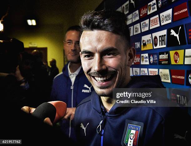 Nicola Sansone of Italy speaks to the media during a press conference at the club's training ground at Coverciano on November 9, 2016 in Florence,...