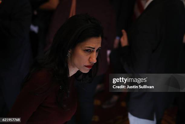 Huma Abedin, aide for former Secretary of State Hillary Clinton, looks on during a news conference at the New Yorker Hotel on November 9, 2016 in New...