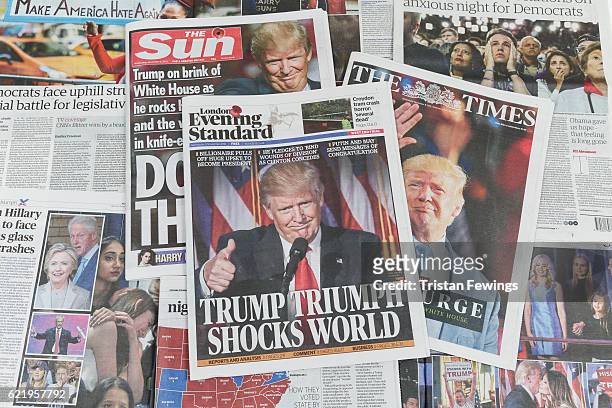 Newspapers The Sun, The Times and The Evening Standard feature Donald Trump's victory in the US Presidential elections on their front pages on...
