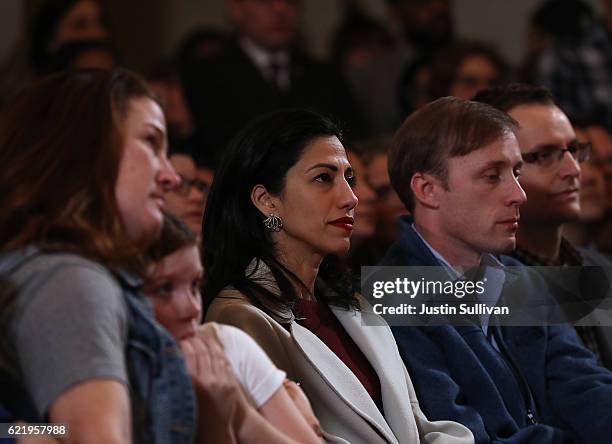 Huma Abedin, aide for former Secretary of State Hillary Clinton, looks on during a news conference at the New Yorker Hotel on November 9, 2016 in New...