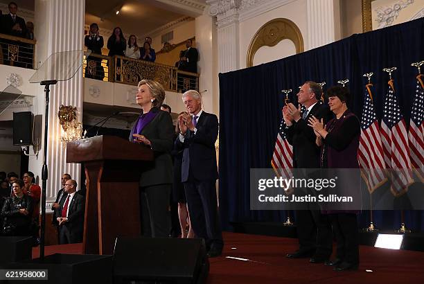 Former Secretary of State Hillary Clinton speaks during a news conference at the New Yorker Hotel on November 9, 2016 in New York City. Hillary...