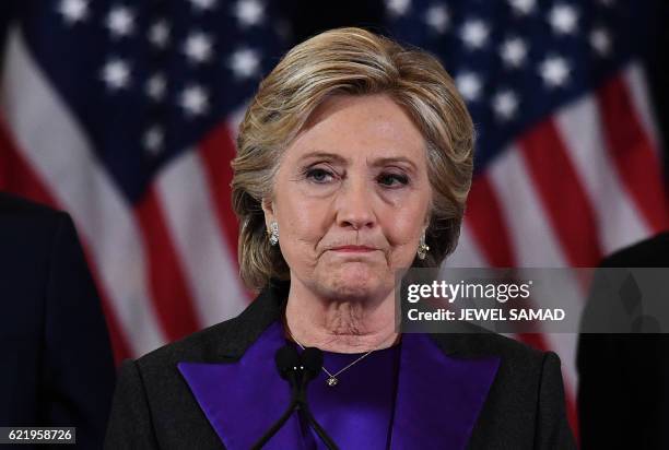 Democratic presidential candidate Hillary Clinton makes a concession speech after being defeated by Republican president-elect Donald Trump in New...