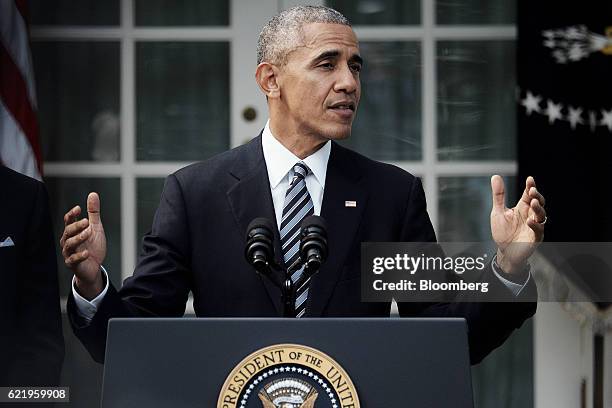 President Barack Obama speaks to the media in the Rose Garden at the White House in Washington, D.C., U.S., on Wednesday, Nov. 9, 2016. No U.S....