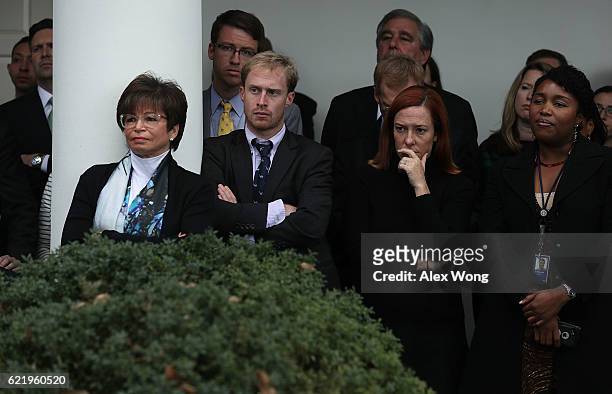White House staff, including Press Secretary Josh Earnest , senior advisor Valerie Jarrett and Communication Director Jen Psaki , listen as U.S....