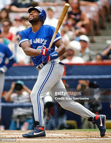 Toronto Blue Jays outfielder Joe Carter in action during a game against the California Angels played at Angel Stadium of Anaheim in Anaheim, CA.
