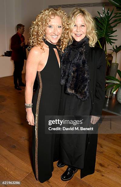 Kelly Hoppen and Meg Ryan attend Hoppen's anniversary party celebrating 40 years as an Interior Designer, at Alva Studios on November 9, 2016 in...