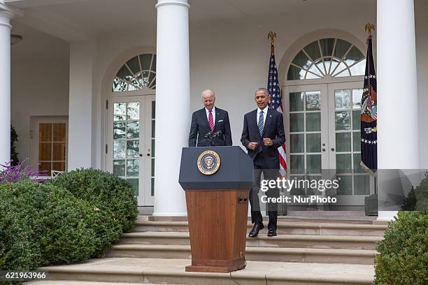 President Barack Obama , and U.S. Vice President Joe Biden arrive to speak to the media in the Rose Garden at the White House in Washington, D.C.,...