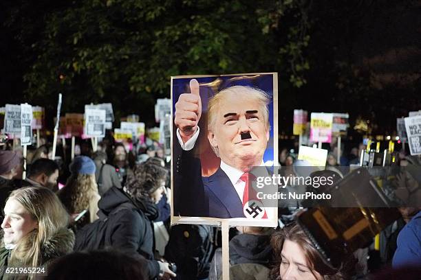 Hundreds of people gather outside the American embassy in London on 9 November 2016 to protest against the election of Donald Trump as president of...