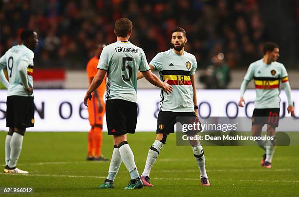 Yannick Carrasco of Belgium celebrates with Jan Vertonghen as he scores their first and equalising goal during the international friendly match...