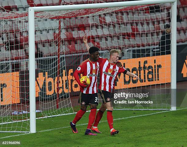 Josh Maja of Sunderland celebrates the first Sunderland goal with Rees Greenwood during the Checkatrade Trophy group stage match between Sunderland...