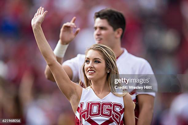 Cheerleaders of the Arkansas Razorbacks perform during a game against the Florida Gators at Razorback Stadium on November 5, 2016 in Fayetteville,...