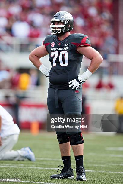 Dan Skipper of the Arkansas Razorbacks on the field during a game against the Florida Gators at Razorback Stadium on November 5, 2016 in...