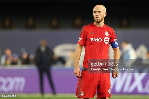 November 06: Michael Bradley of Toronto FC in action during the NYCFC Vs Toronto FC MLS playoff game at Yankee Stadium on November 06, 2016 in New...