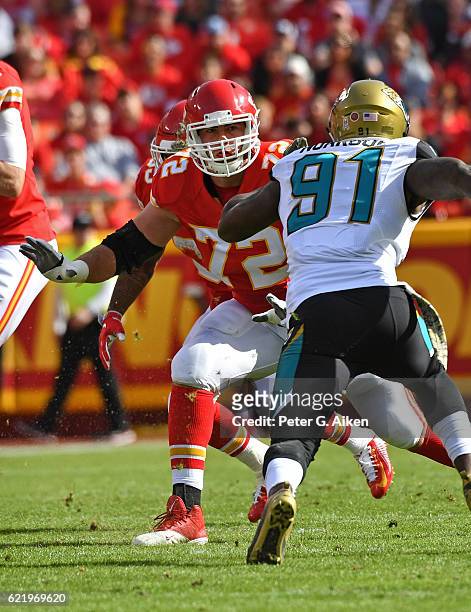 Offensive tackle Eric Fisher of the Kansas City Chiefs gets set on offense against the Jacksonville Jaguars during the first half on November 6, 2016...