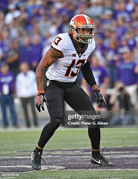 Free safety Jordan Sterns of the Oklahoma State Cowboys gets set on defense against the Kansas State Wildcats during the second half on November 5,...