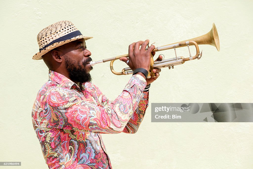 Cuban musician playing trumpet, Havana, Cuba