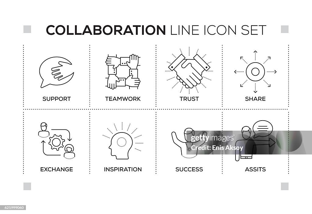 Collaboration-Schlüsselwörter mit monochromen Liniensymbolen