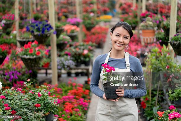 happy woman working at a garden center - colombia stock pictures, royalty-free photos & images