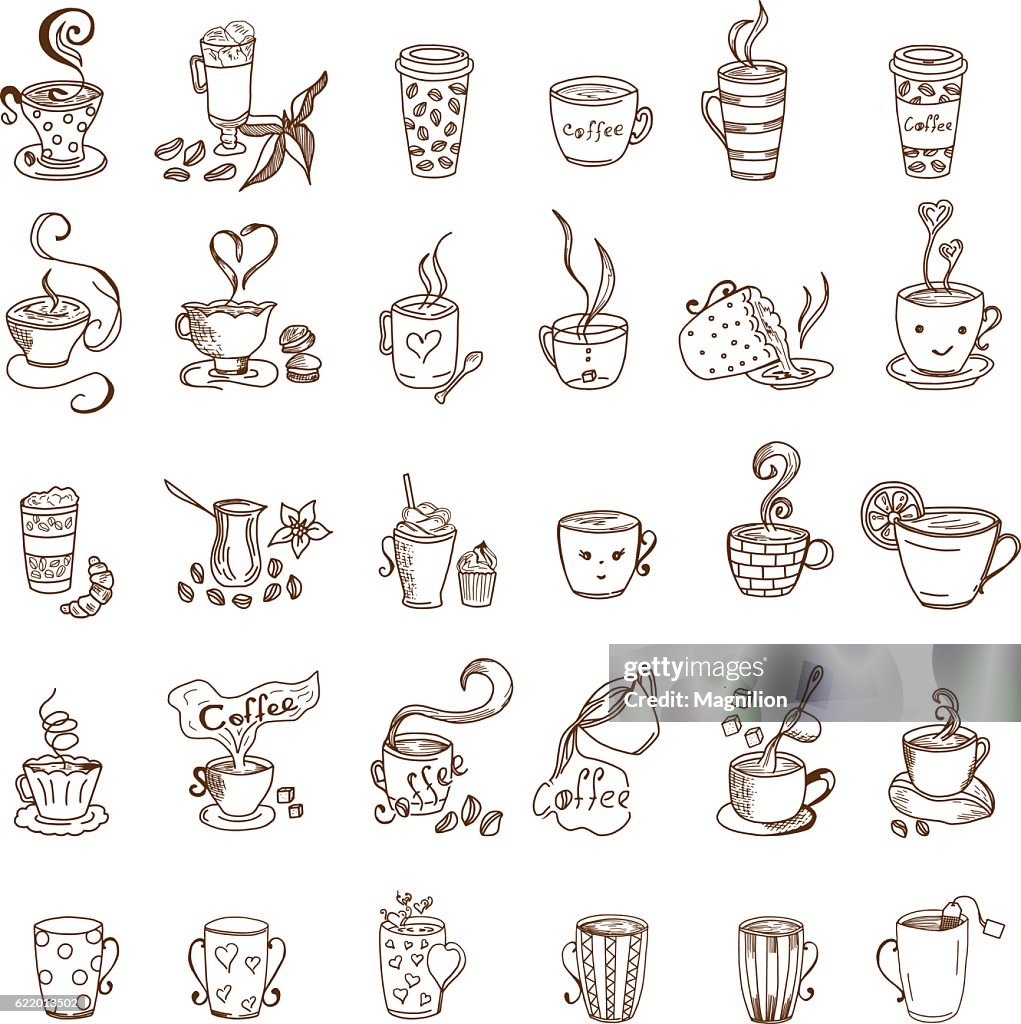 Tazas de café y tazas de té Doodles set