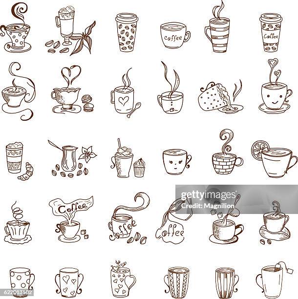 coffee cups and tea cups doodles set - cappuccino stock illustrations