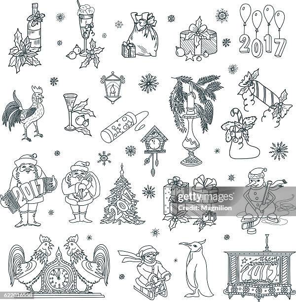 christmas and new year doodles set 2017 - penguin drawing stock illustrations