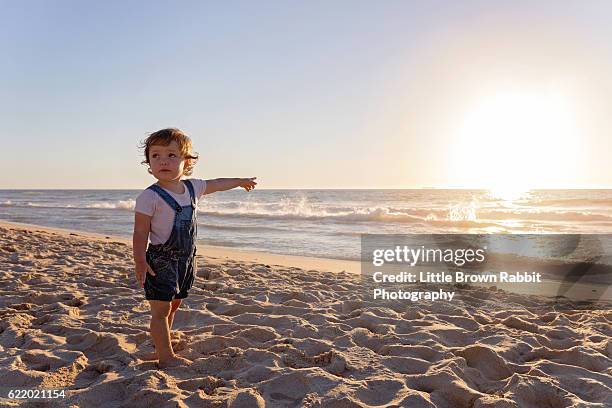 toddler girl standing on the beach at sunset and pointing towards the ocean - rabbit beach - fotografias e filmes do acervo