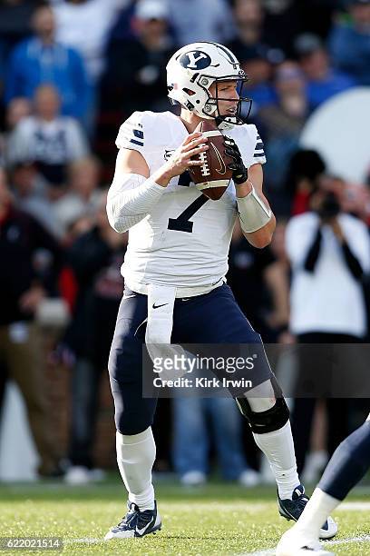 Taysom Hill of the BYU Cougars drops back to pass the ball during the game against the Cincinnati Bearcats at Nippert Stadium on November 5, 2016 in...