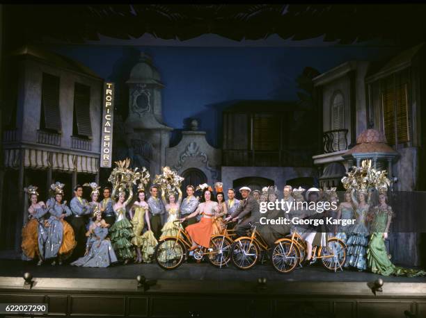 Ethel Merman performing with the cast in a scene from the Broadway musical 'Panama Hattie' at the 46th Street Theatre, New York City, 1940.