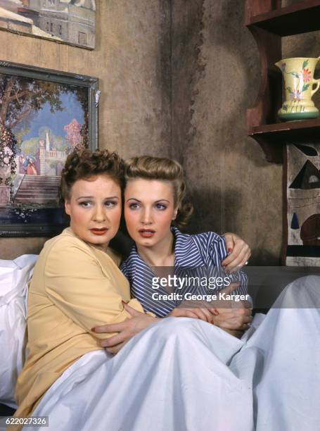 Scene from Broadway play 'My Sister Eileen' starring Shirley Booth and Jo Ann Sayers as sisters living in New York, staged at the Biltmore Theater in...