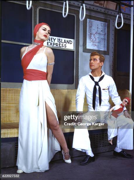 Scene from the Broadway musical 'On the Town' in which a sailor on shore leave courts the reigning "Miss Turnstiles" while on shore leave, staged at...