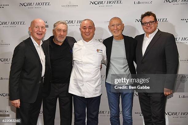 Trevor Horwell, Robert DeNiro, Nobu Matsuhisa, Meir Teper and Straun MacKenzie attend Nobu Hotel Miami Beach launch VIP cocktail at Nobu Next Door on...