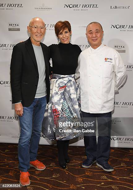 Producer Meir Teper, GM of Nobu Hotel Miami Beach Laurence Dubey and Chef Nobu Matsuhisa attend Nobu Hotel Miami Beach launch VIP cocktail at Nobu...